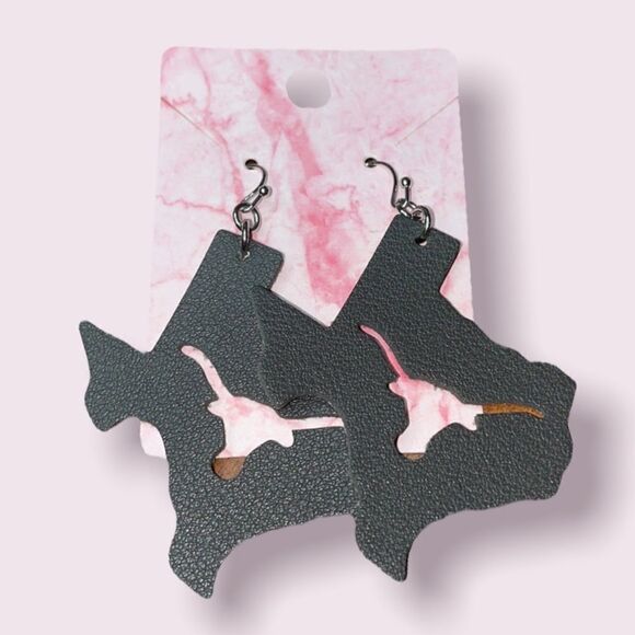 Gray Leather Texas Longhorn Earrings - Picture 1 of 5